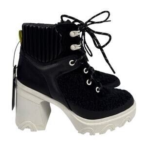 Sorel Brex Heel Cozy Lace Bootie Womens 6.5 Black Leather Faux Shearling